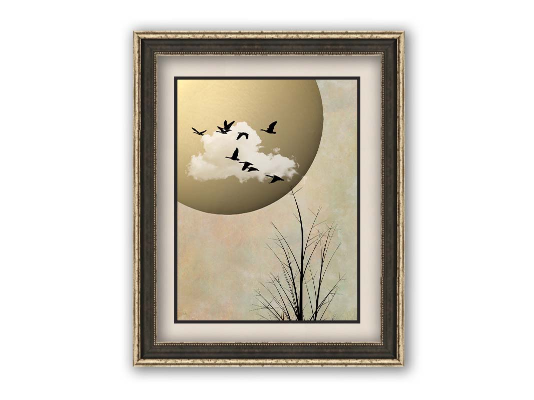 A photo collage art piece of migratory birds flying south for the winter, silhouetted against a big gold moon. Printed on paper, matted, and framed.