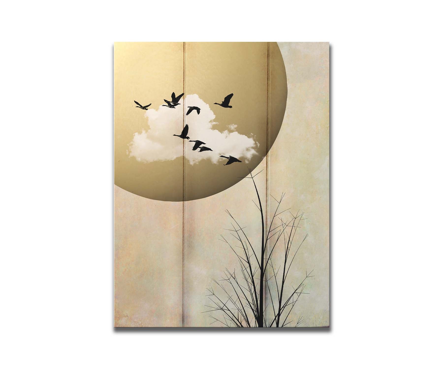 A photo collage art piece of migratory birds flying south for the winter, silhouetted against a big gold moon. Printed on a box board.