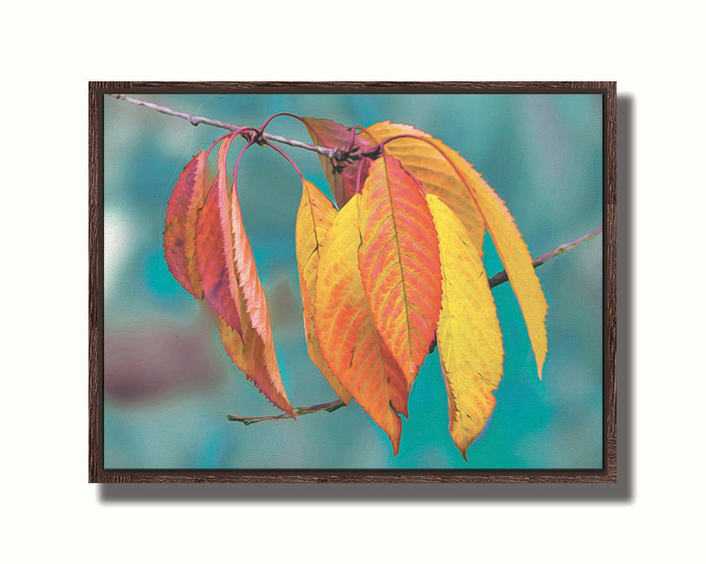 A photo of a twig of red and yellow leaves, with a blue background blurred with perspective. Printed on canvas in a float frame.