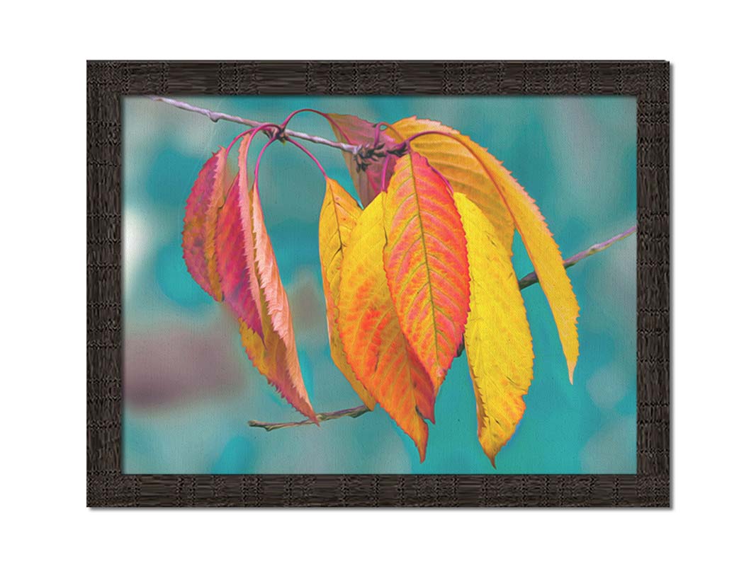 A photo of a twig of red and yellow leaves, with a blue background blurred with perspective. Printed on canvas and framed.