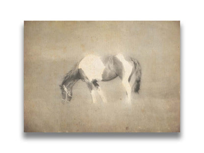 A photo of a grazing American Paint horse, textured and edited in a sepia tone with a dreamlike glow. Printed on canvas.