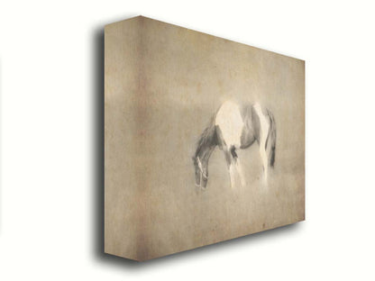 A photo of a grazing American Paint horse, textured and edited in a sepia tone with a dreamlike glow. Printed on canvas.