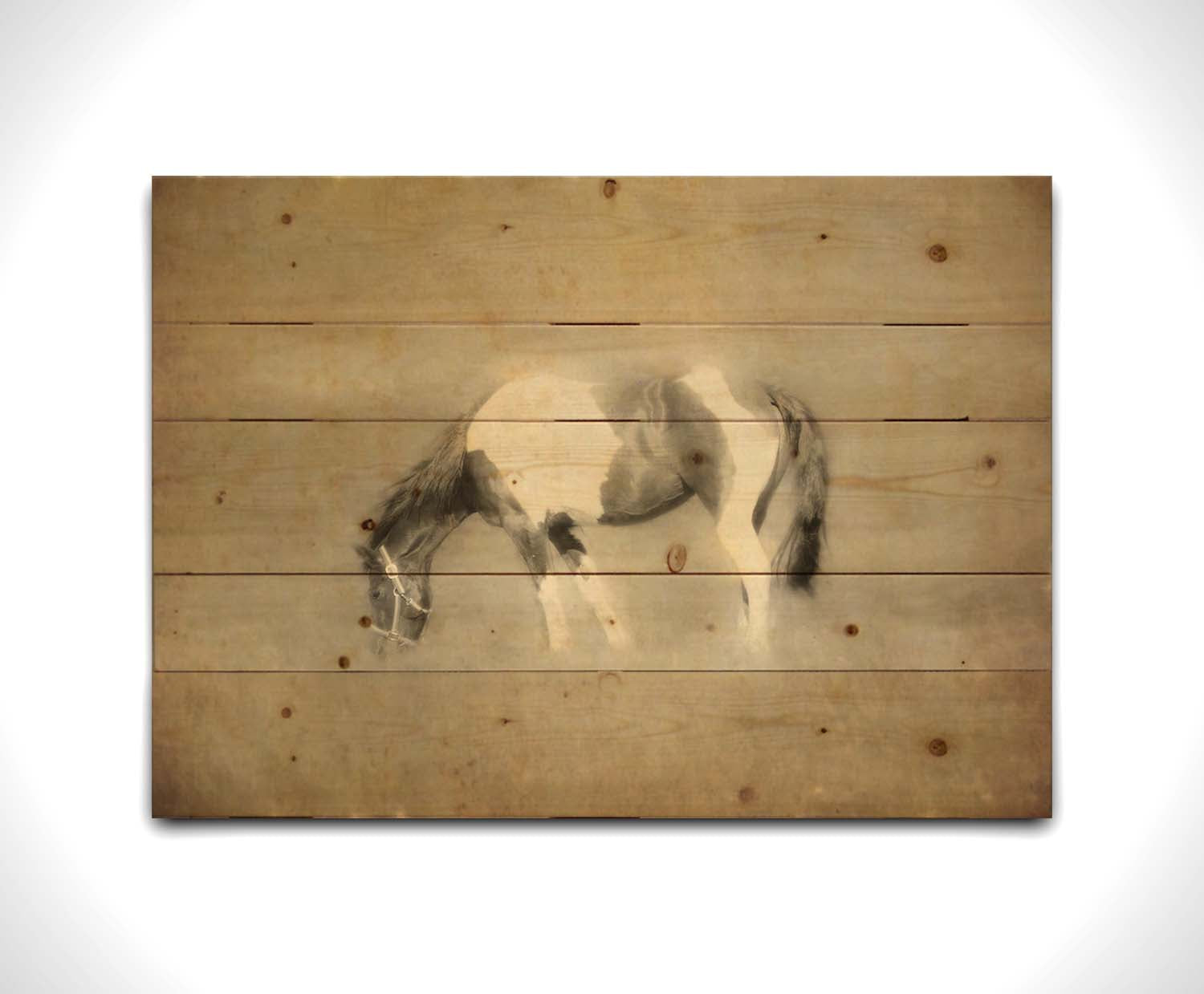 A photo of a grazing American Paint horse, textured and edited in a sepia tone with a dreamlike glow. Printed on a wood pallet.