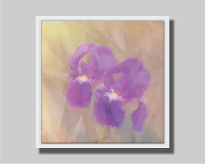 A photo of two purple irises against a brown background, textured to look like a painting. Printed on canvas in a float frame.