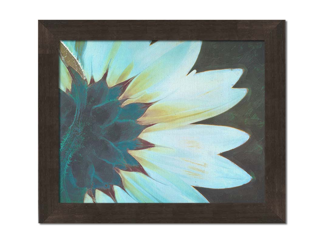 A closeup photo of the back of a sunflower, edited to have a painterly appearance and cool tone.Printed on canvas and framed.