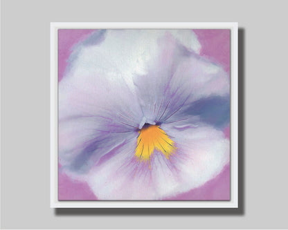 A close-up photo of a pale purple pansy flower. Printed on canvas in a float frame.