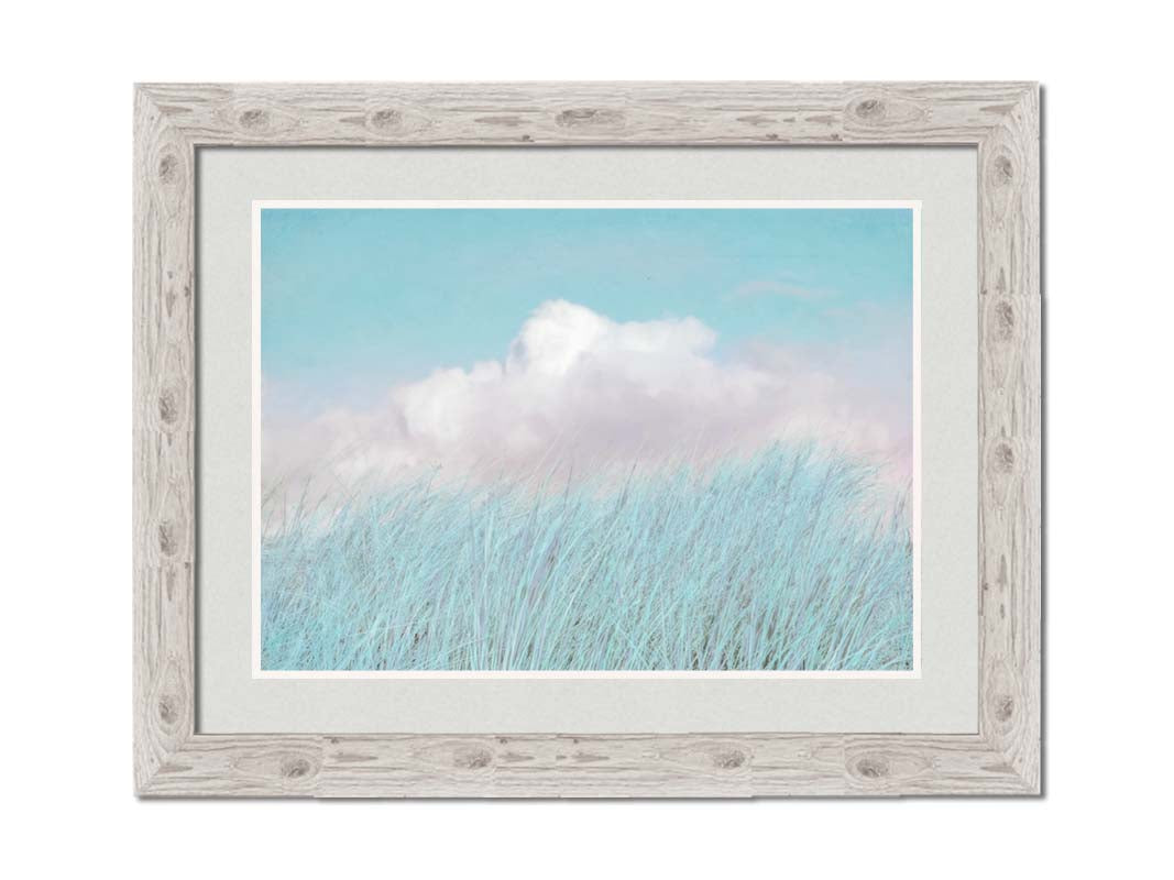A photo of tall grass under a blue sky with white clouds. Printed on paper, matted, and framed.