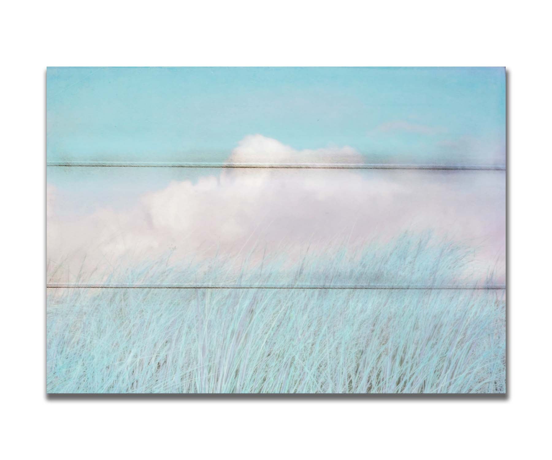 A photo of tall grass under a blue sky with white clouds. Printed on a box board.