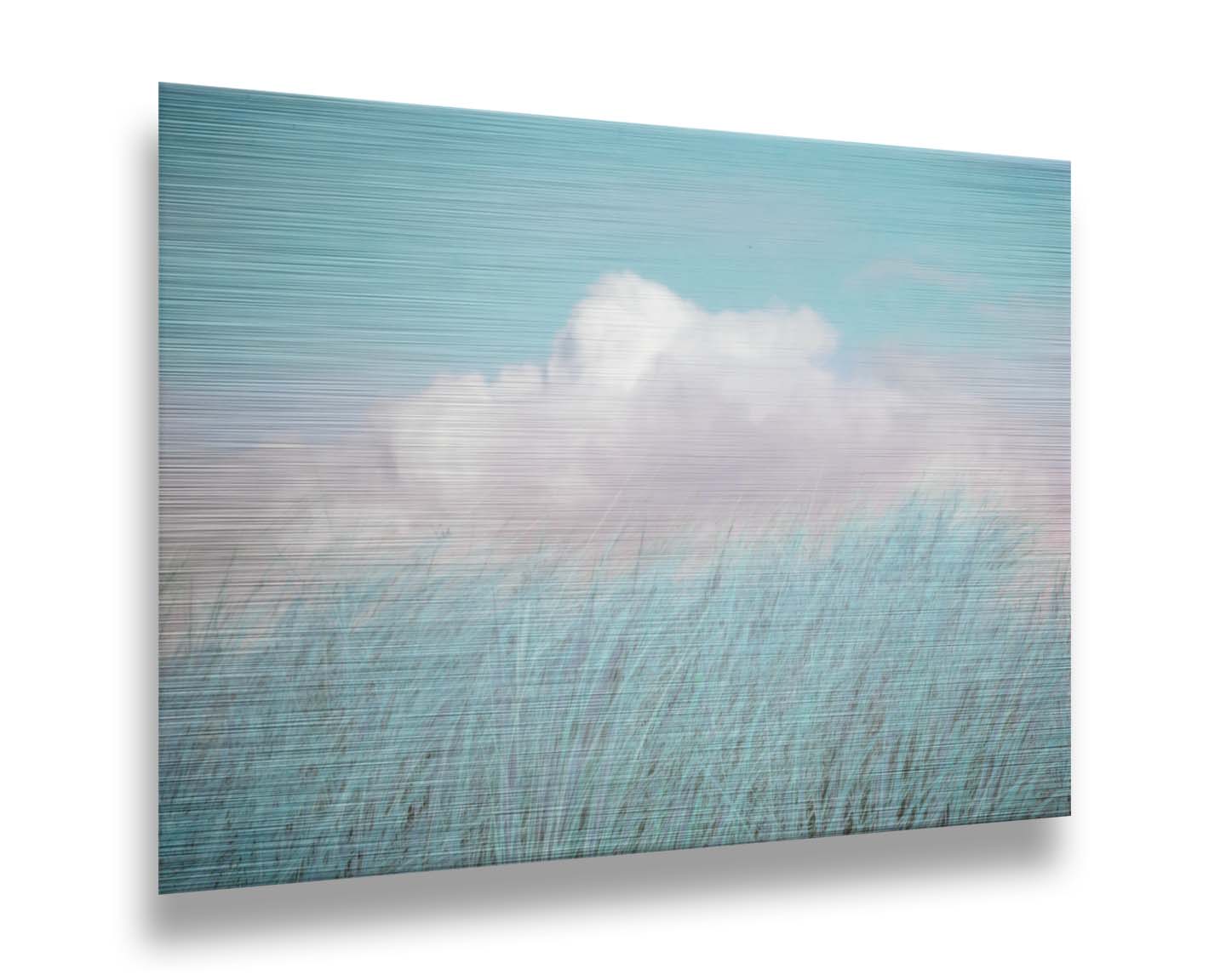 A photo of tall grass under a blue sky with white clouds. Printed on metal.