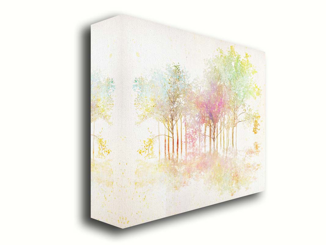 A watercolor-like photo composition depicting a grove of robinia, or black locust, trees in a green, white, and orange color pallete. Printed on canvas.