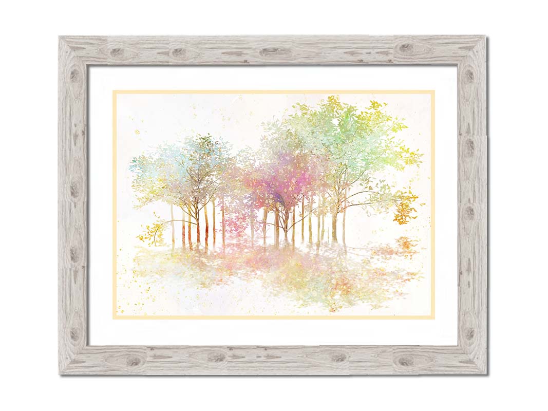 A watercolor-like photo composition depicting a grove of robinia, or black locust, trees in a green, white, and orange color pallete. Printed on paper, matted, and framed.