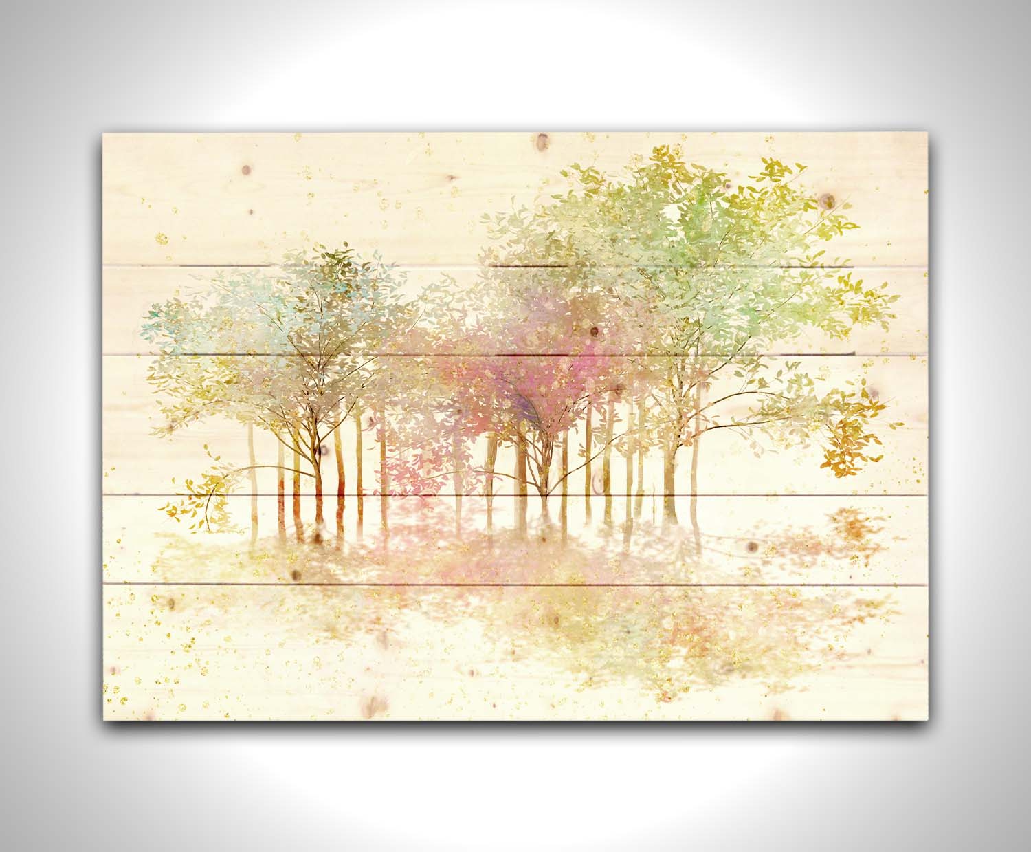 A watercolor-like photo composition depicting a grove of robinia, or black locust, trees in a green, white, and orange color pallete. Printed on a wood pallet.