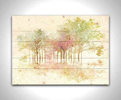 A watercolor-like photo composition depicting a grove of robinia, or black locust, trees in a green, white, and orange color pallete. Printed on a wood pallet.