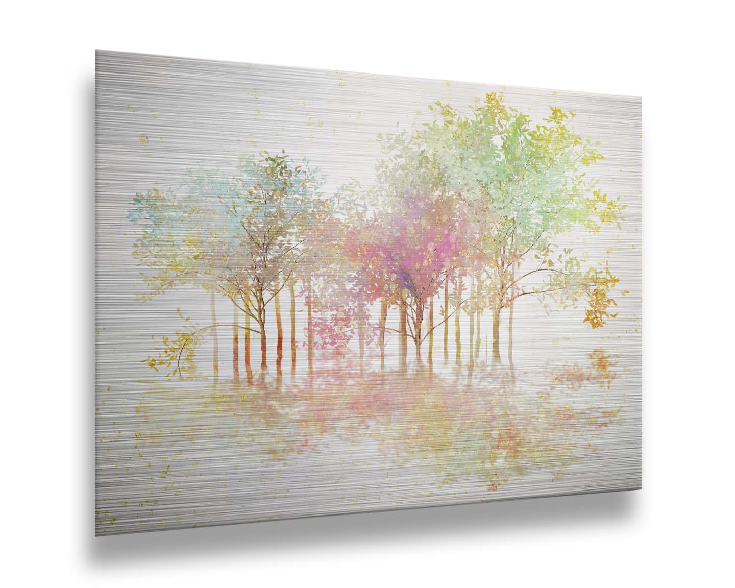 A watercolor-like photo composition depicting a grove of robinia, or black locust, trees in a green, white, and orange color pallete. Printed on metal.