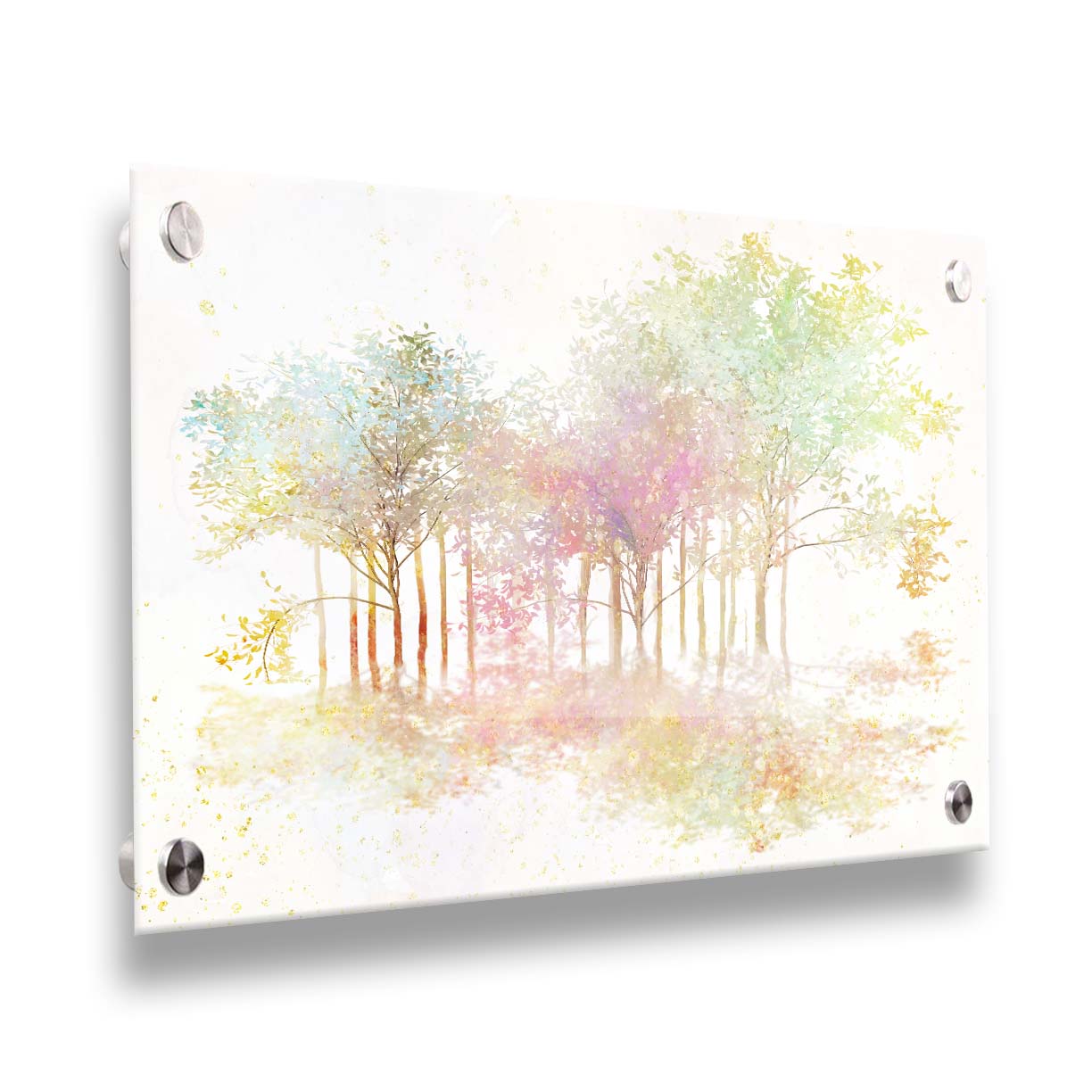 A watercolor-like photo composition depicting a grove of robinia, or black locust, trees in a green, white, and orange color pallete. Printed on acrylic.