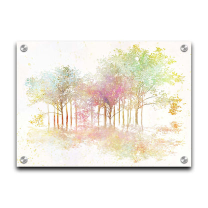 A watercolor-like photo composition depicting a grove of robinia, or black locust, trees in a green, white, and orange color pallete. Printed on acrylic.