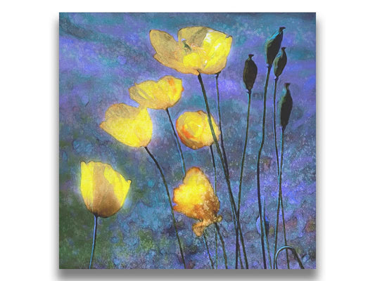 A photo of bright yellow poppies glowing against a blue and purple sky, edited and textured reminiscent of watercolor painting. Printed on canvas.