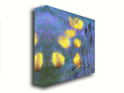 A photo of bright yellow poppies glowing against a blue and purple sky, edited and textured reminiscent of watercolor painting. Printed on canvas.