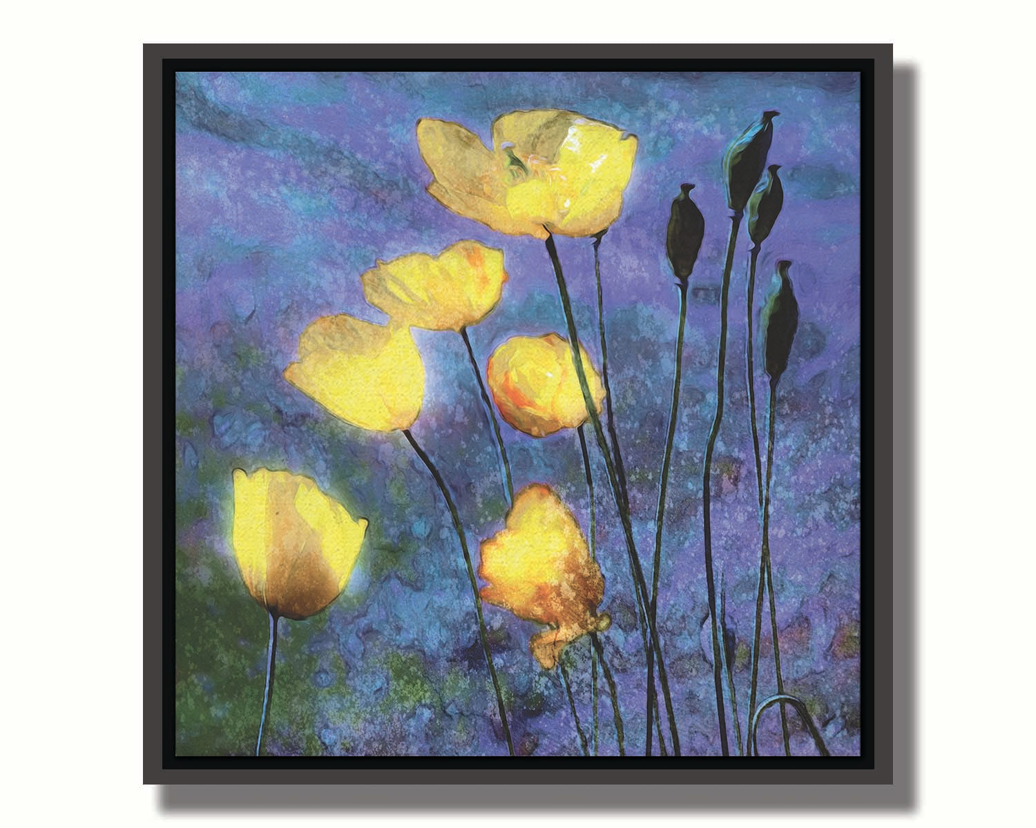 A photo of bright yellow poppies glowing against a blue and purple sky, edited and textured reminiscent of watercolor painting. Printed on canvas in a float frame.