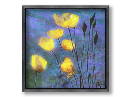 A photo of bright yellow poppies glowing against a blue and purple sky, edited and textured reminiscent of watercolor painting. Printed on canvas and framed.