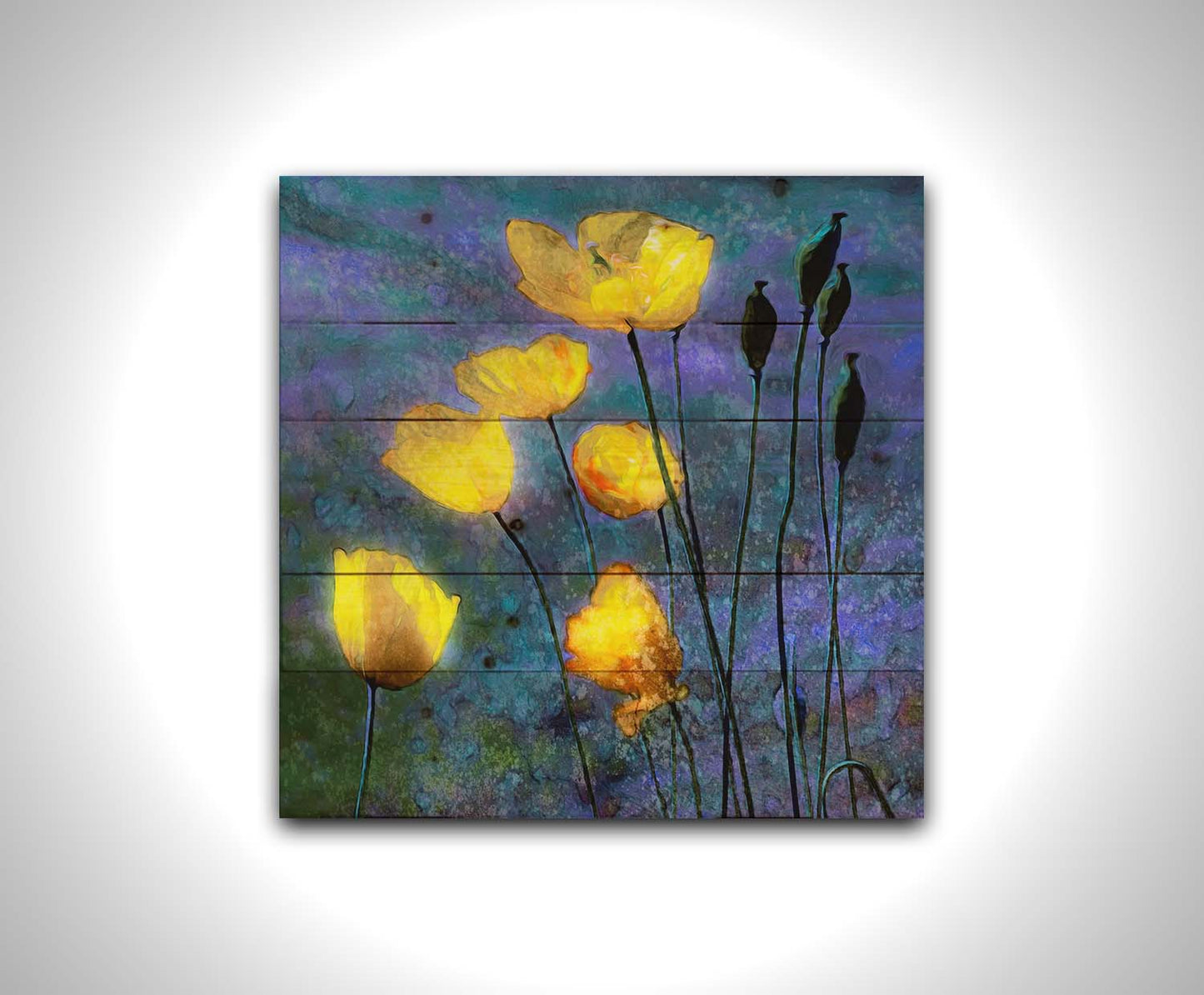 A photo of bright yellow poppies glowing against a blue and purple sky, edited and textured reminiscent of watercolor painting. Printed on a wood pallet.