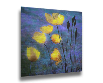 A photo of bright yellow poppies glowing against a blue and purple sky, edited and textured reminiscent of watercolor painting. Printed on metal.