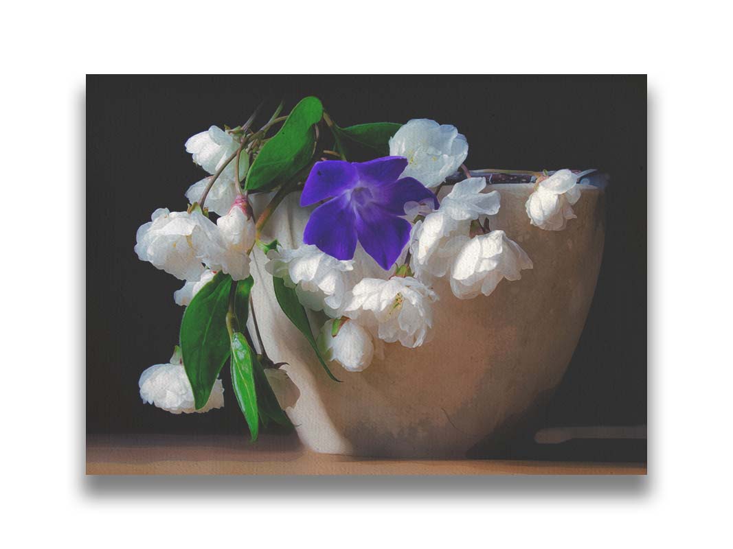 A photo of a brown bowl of white and purple flowers, edited to have a painterly quality. Printed on canvas.