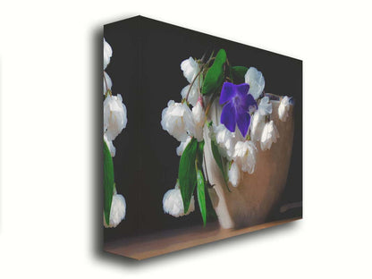 A photo of a brown bowl of white and purple flowers, edited to have a painterly quality. Printed on canvas.