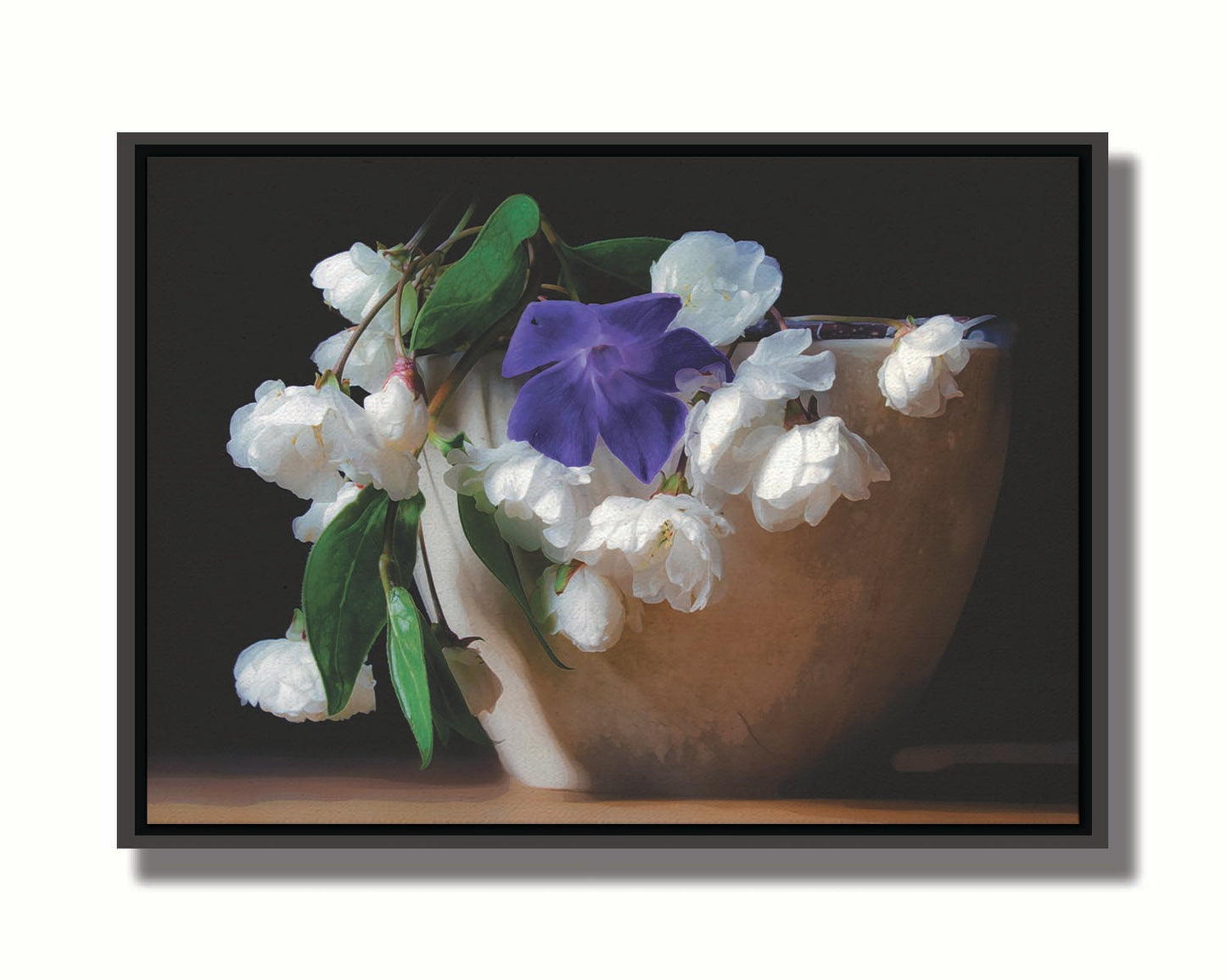 A photo of a brown bowl of white and purple flowers, edited to have a painterly quality. Printed on canvas in a float frame.