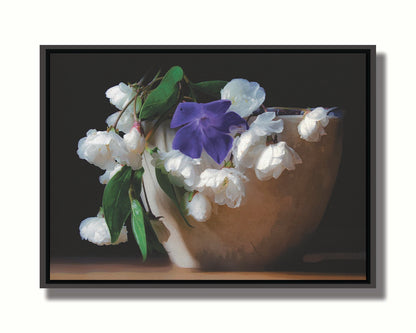 A photo of a brown bowl of white and purple flowers, edited to have a painterly quality. Printed on canvas in a float frame.