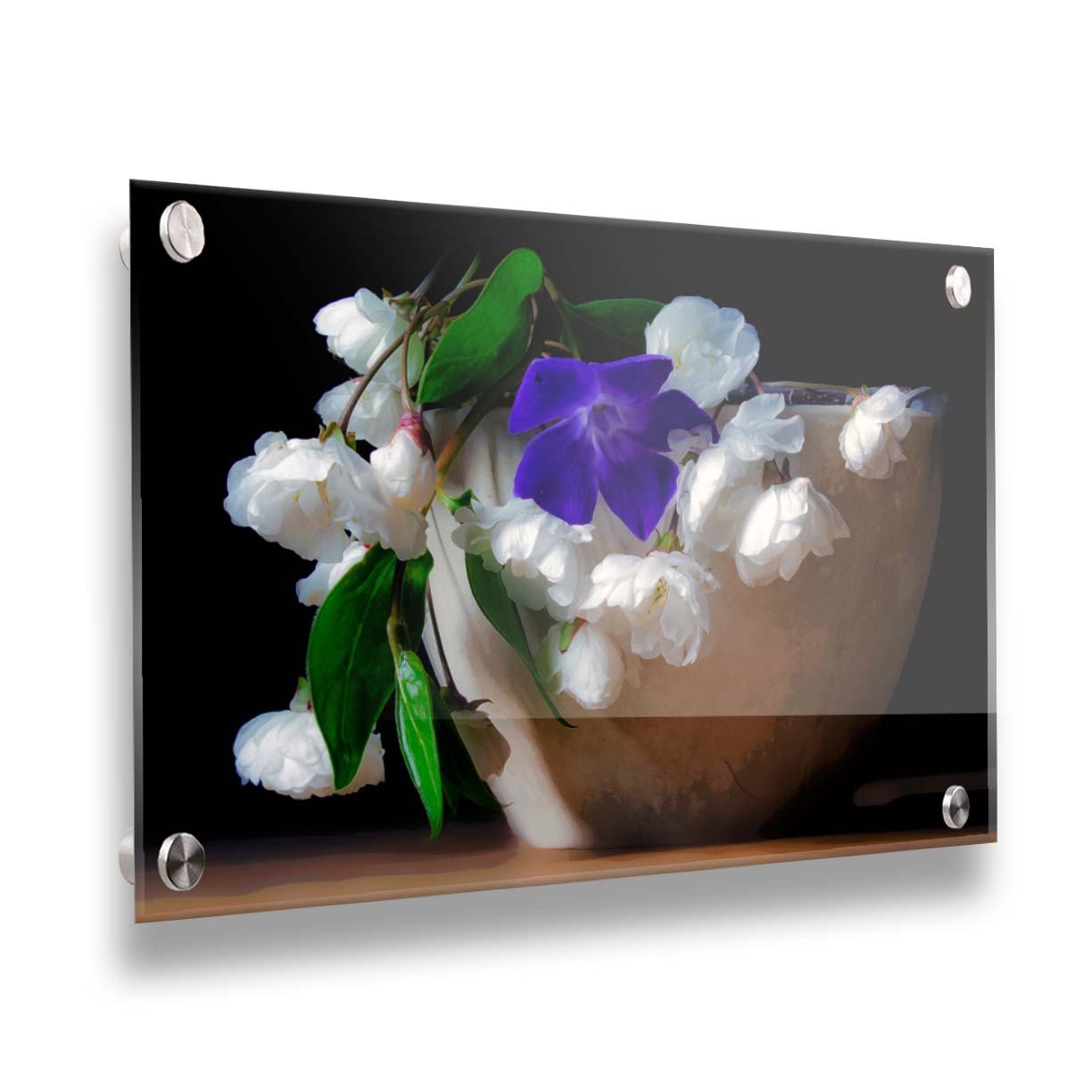 A photo of a brown bowl of white and purple flowers, edited to have a painterly quality. Printed on acrylic.