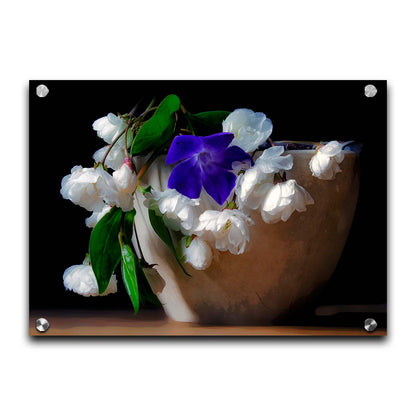 A photo of a brown bowl of white and purple flowers, edited to have a painterly quality. Printed on acrylic.