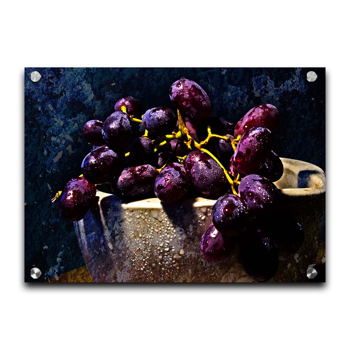 A photo of a bunch of purple grapes in a bowl, covered in drops of water and overlayed with textues. Printed on acrylic.