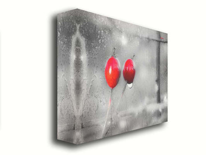 A photo of two red berries, covered in water from the rain, in grayscale with red spot color. It is overlayed with a texture of wet glass. Printed on canvas.