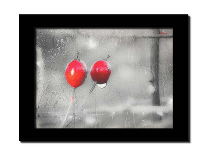 A photo of two red berries, covered in water from the rain, in grayscale with red spot color. It is overlayed with a texture of wet glass. Printed on canvas and framed.