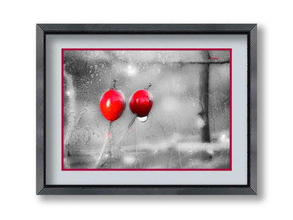 A photo of two red berries, covered in water from the rain, in grayscale with red spot color. It is overlayed with a texture of wet glass. Printed on paper, matted, and framed.