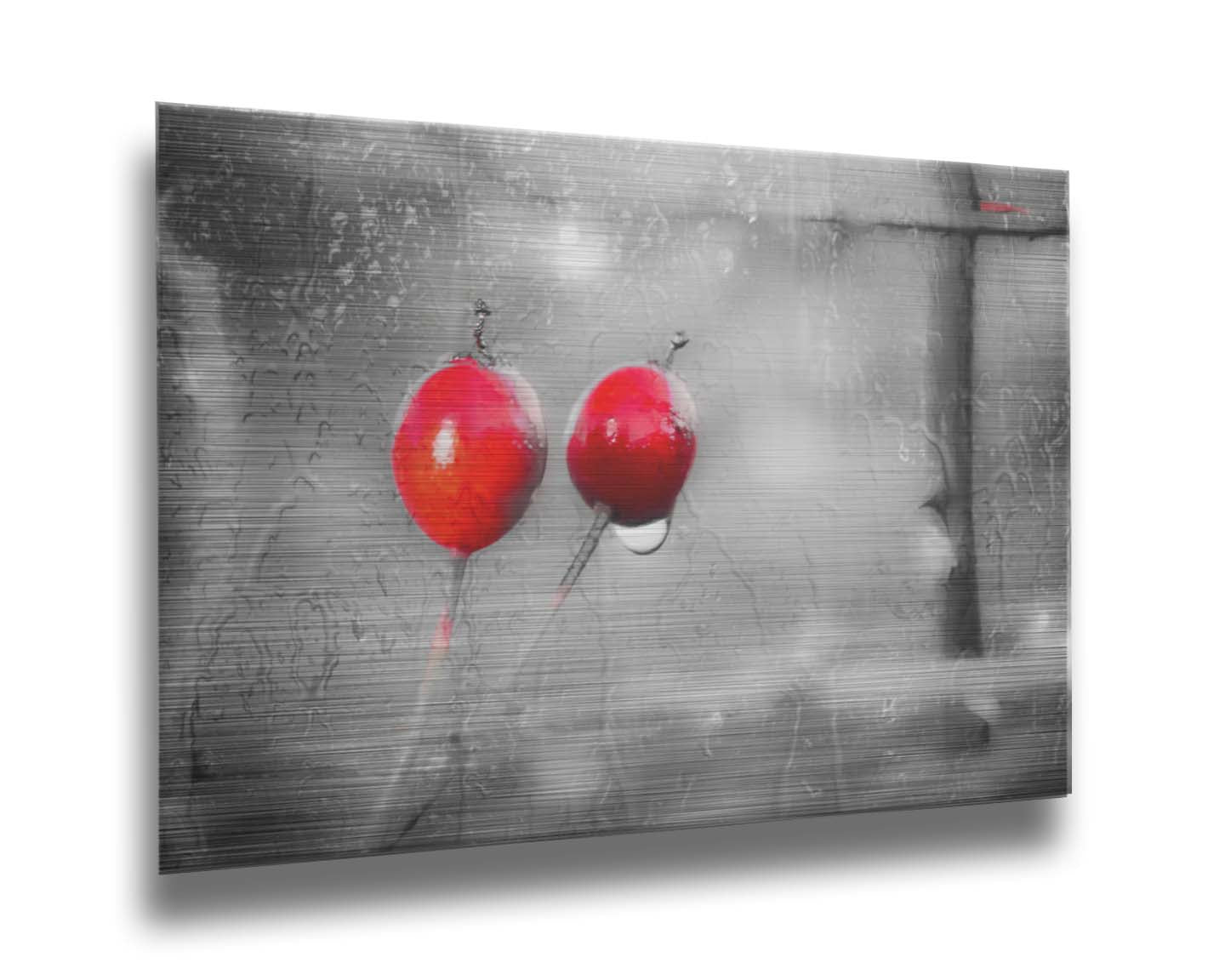 A photo of two red berries, covered in water from the rain, in grayscale with red spot color. It is overlayed with a texture of wet glass. Printed on metal.