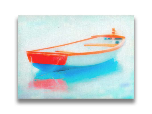 A photo of a white and red boat sitting on the water, edited to have a glowy, dreamlike quality. Printed on canvas.