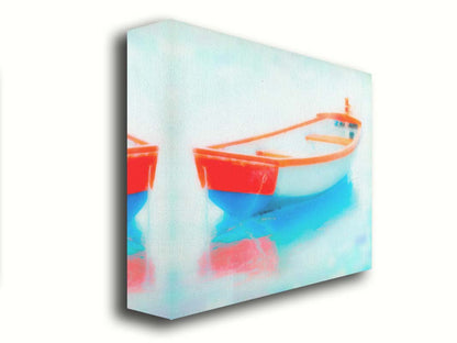 A photo of a white and red boat sitting on the water, edited to have a glowy, dreamlike quality. Printed on canvas.