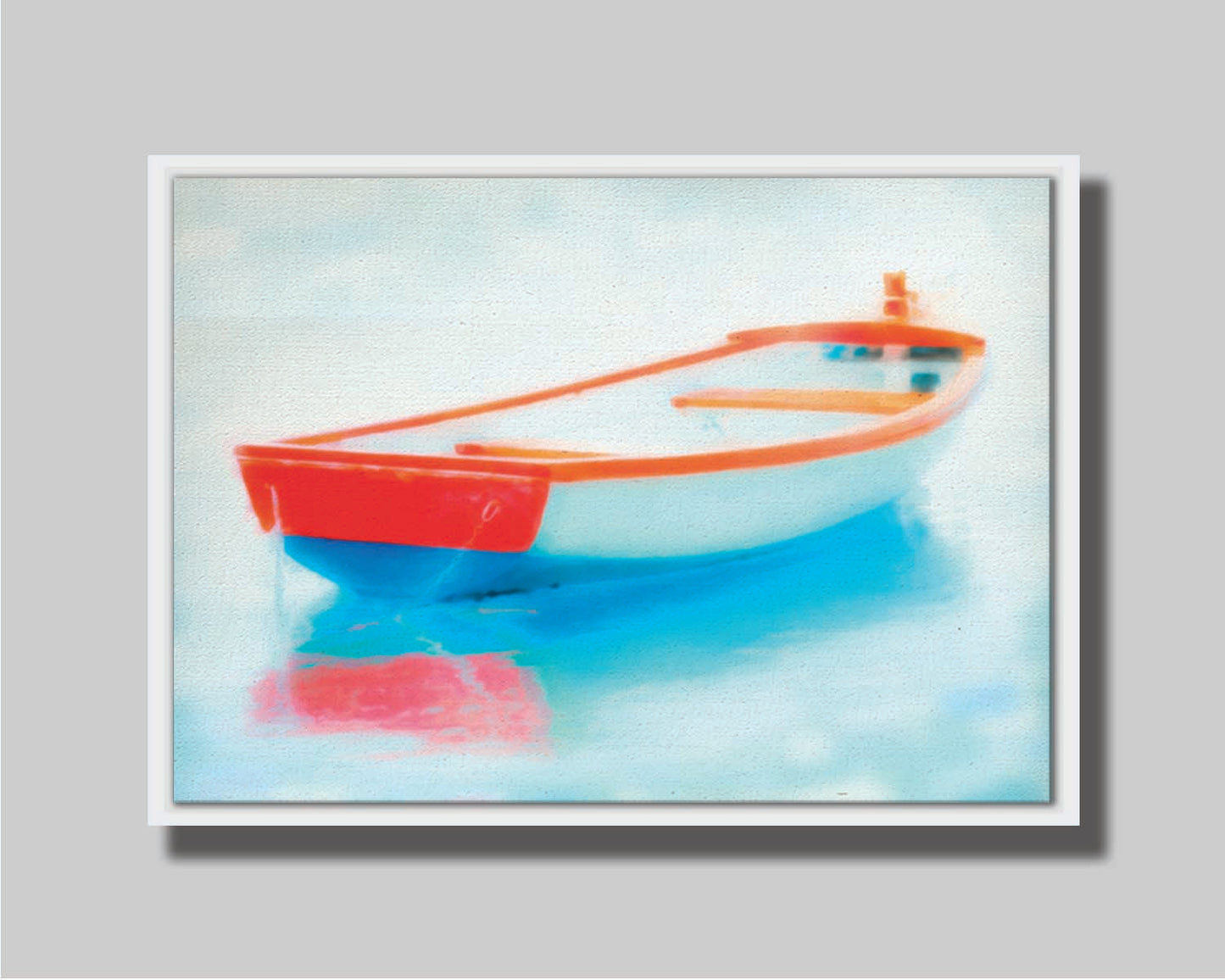 A photo of a white and red boat sitting on the water, edited to have a glowy, dreamlike quality. Printed on canvas in a float frame.