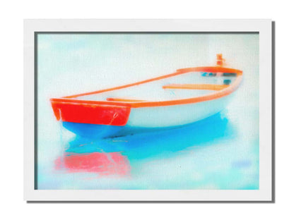 A photo of a white and red boat sitting on the water, edited to have a glowy, dreamlike quality. Printed on canvas and framed.