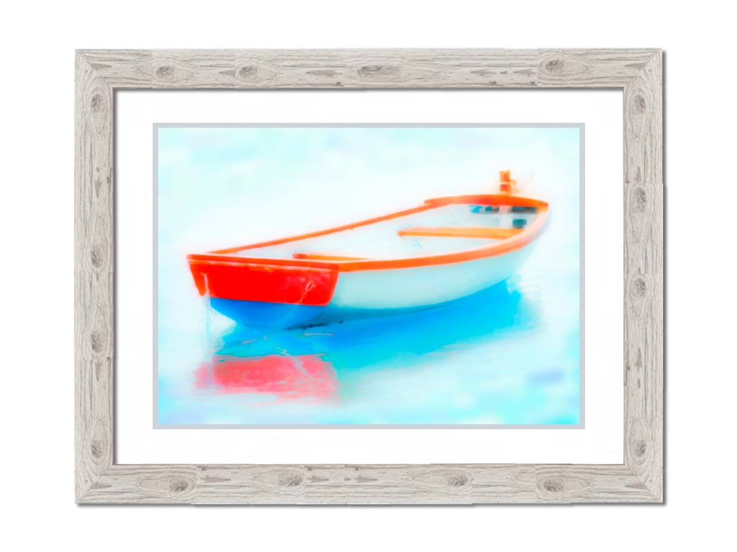 A photo of a white and red boat sitting on the water, edited to have a glowy, dreamlike quality. Printed on paper, matted, and framed.