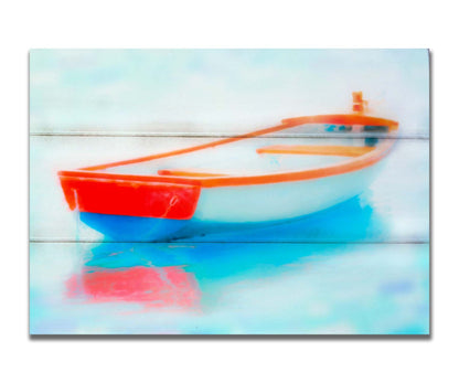 A photo of a white and red boat sitting on the water, edited to have a glowy, dreamlike quality. Printed on a box board.