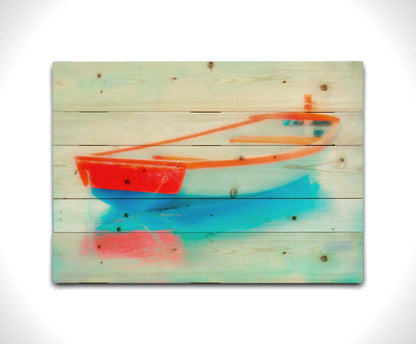 A photo of a white and red boat sitting on the water, edited to have a glowy, dreamlike quality. Printed on a wood pallet.