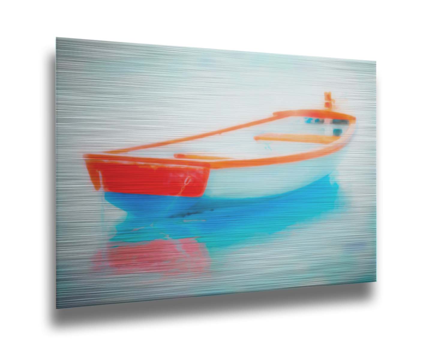 A photo of a white and red boat sitting on the water, edited to have a glowy, dreamlike quality. Printed on metal.