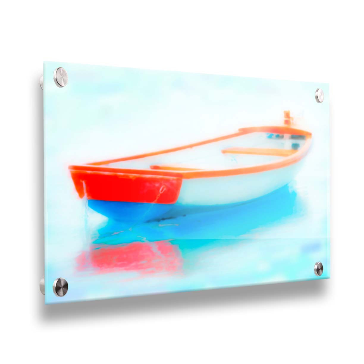 A photo of a white and red boat sitting on the water, edited to have a glowy, dreamlike quality. Printed on acrylic.