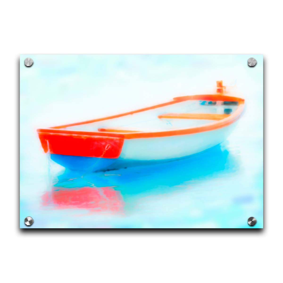 A photo of a white and red boat sitting on the water, edited to have a glowy, dreamlike quality. Printed on acrylic.