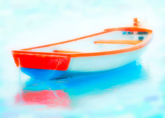 A photo of a white and red boat sitting on the water, edited to have a glowy, dreamlike quality.