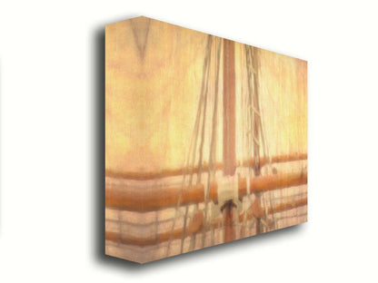 A photo of a ship's rigging against a yellow and orange sky. Printed on canvas.