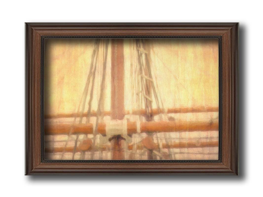 A photo of a ship's rigging against a yellow and orange sky. Printed on canvas and framed.